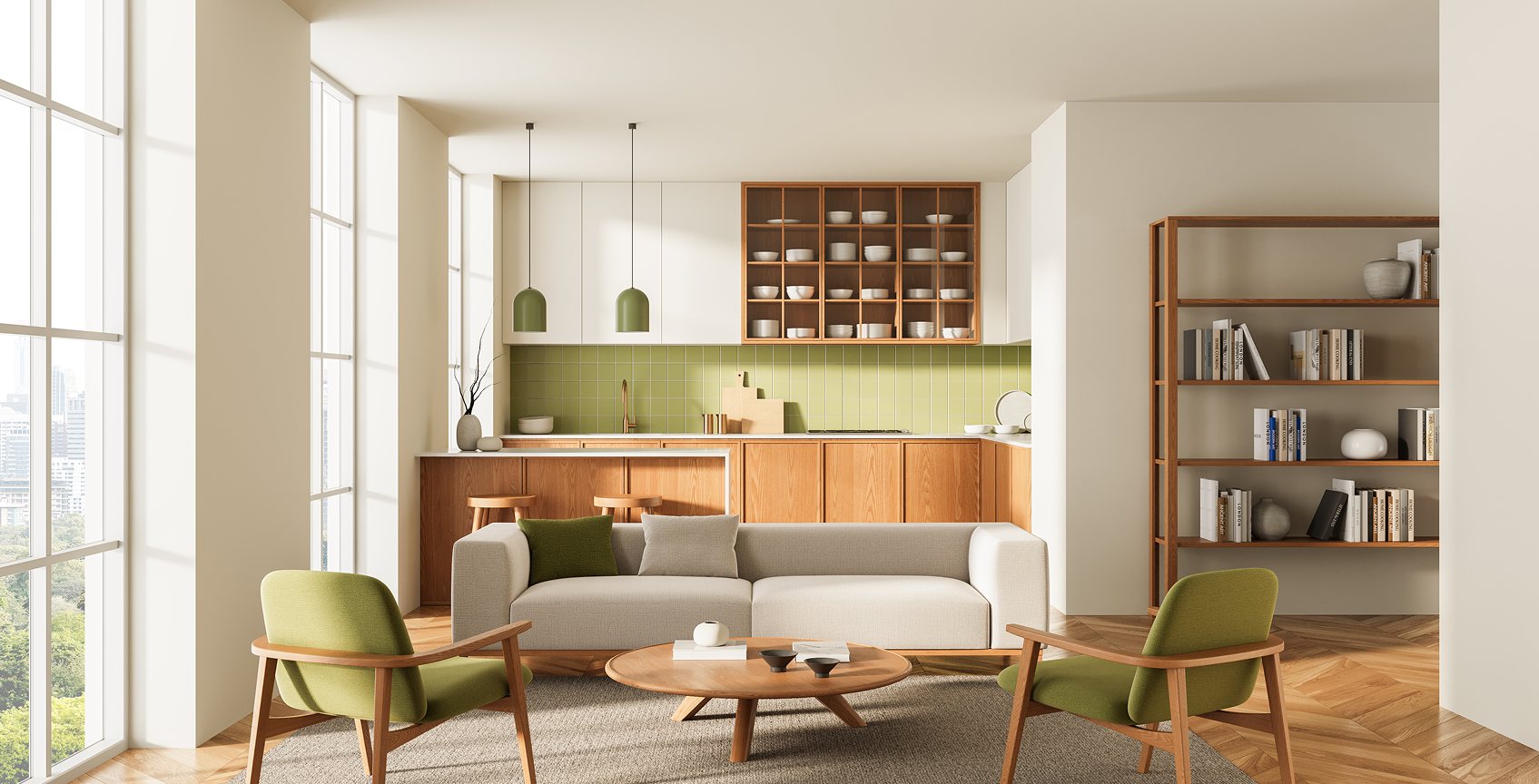 Open-concept space with green accents